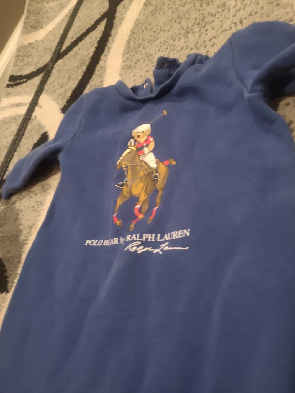 Ralph Lauren 9 Months Blue Polo Bear Sweatshirt Romper One Piece Outfit Jumpsuit